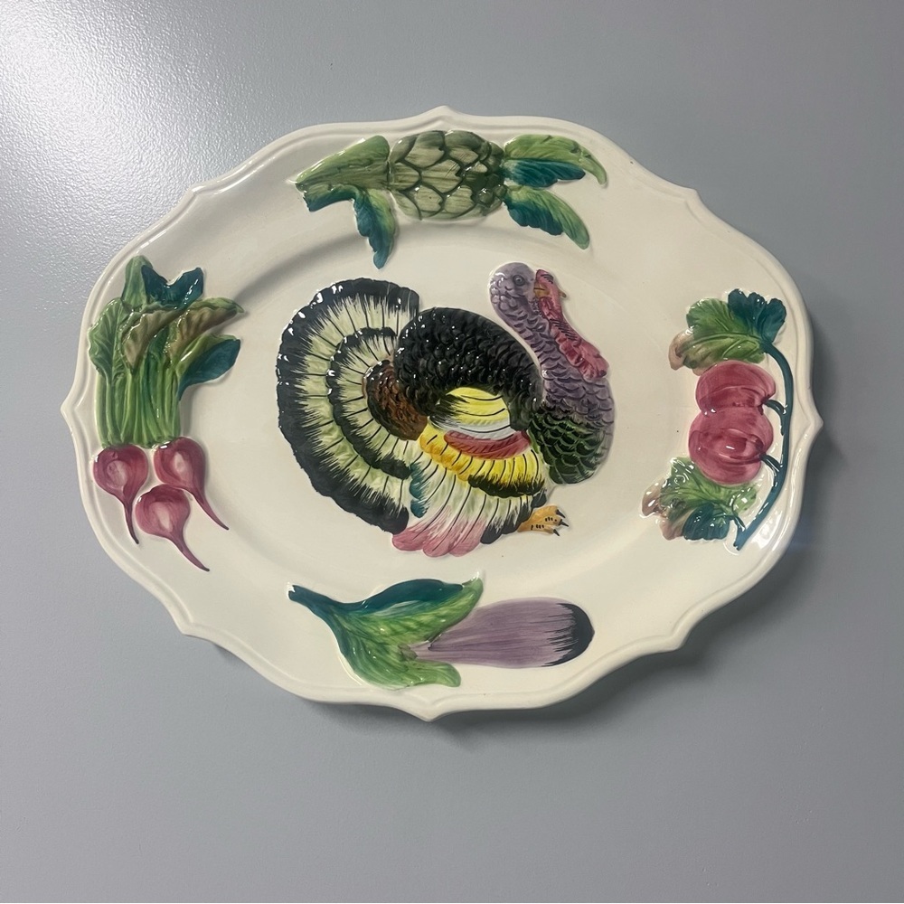 hand painted italian‎ stoneware platter raised embossed turkey vegetables 20in